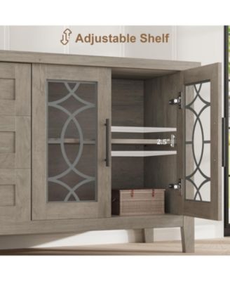 Farmhouse TV Stand for 70" TVs, Mid-Century Console with Glass Door, 2 Doors, 3 Drawers and Shelves