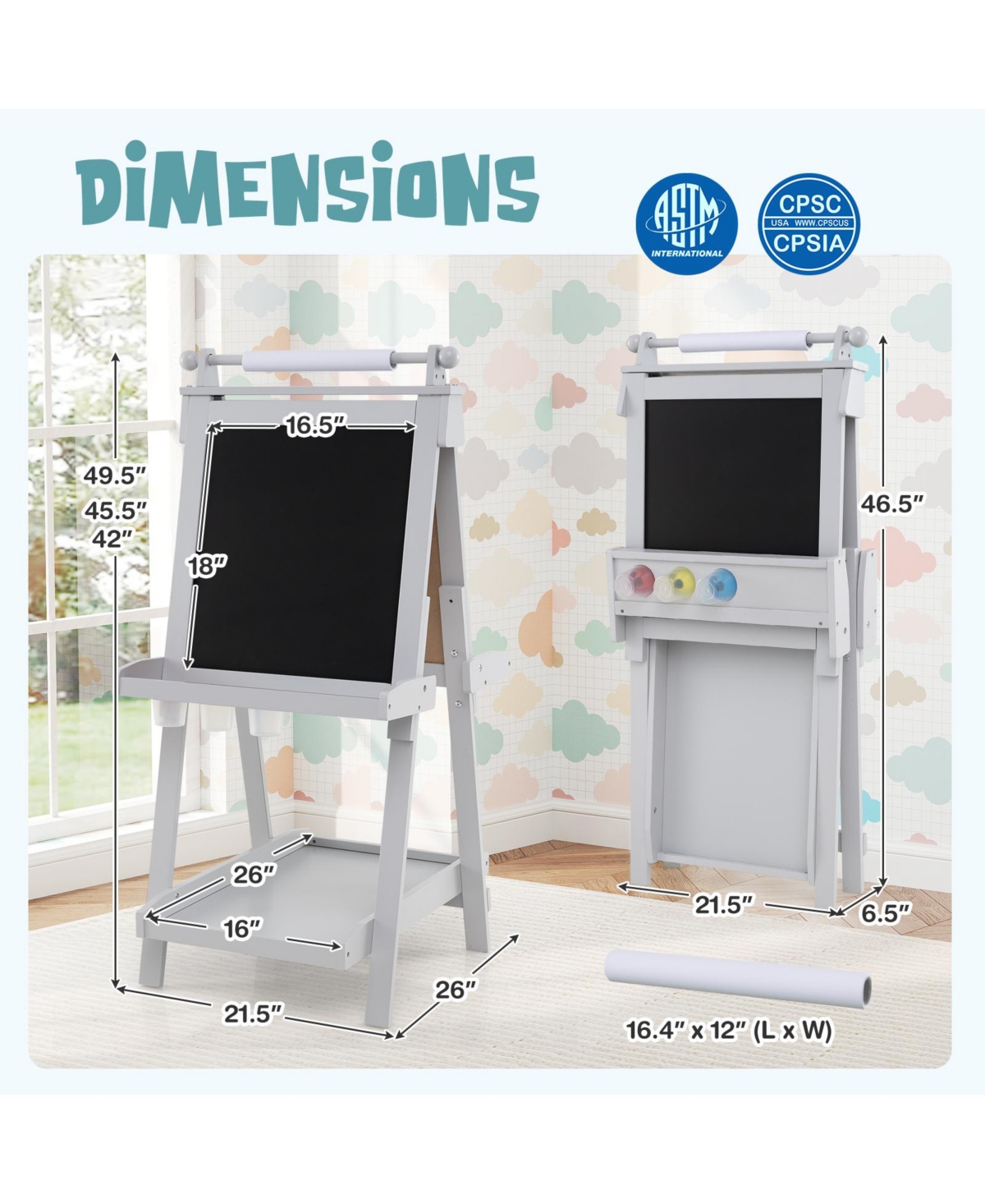 Hongge Adjustable Wooden Kids Art Easel With Chalkboard Whiteboard And Paper Roll
