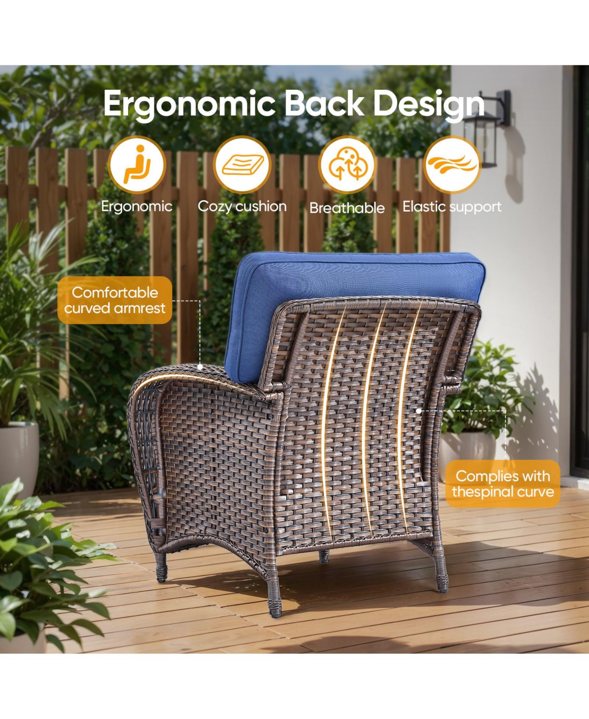 Gymojoy T-Frame Brown Wicker Outdoor Lounge Chairs with Olefin 5 In. Thick Cushions 2-Pack）