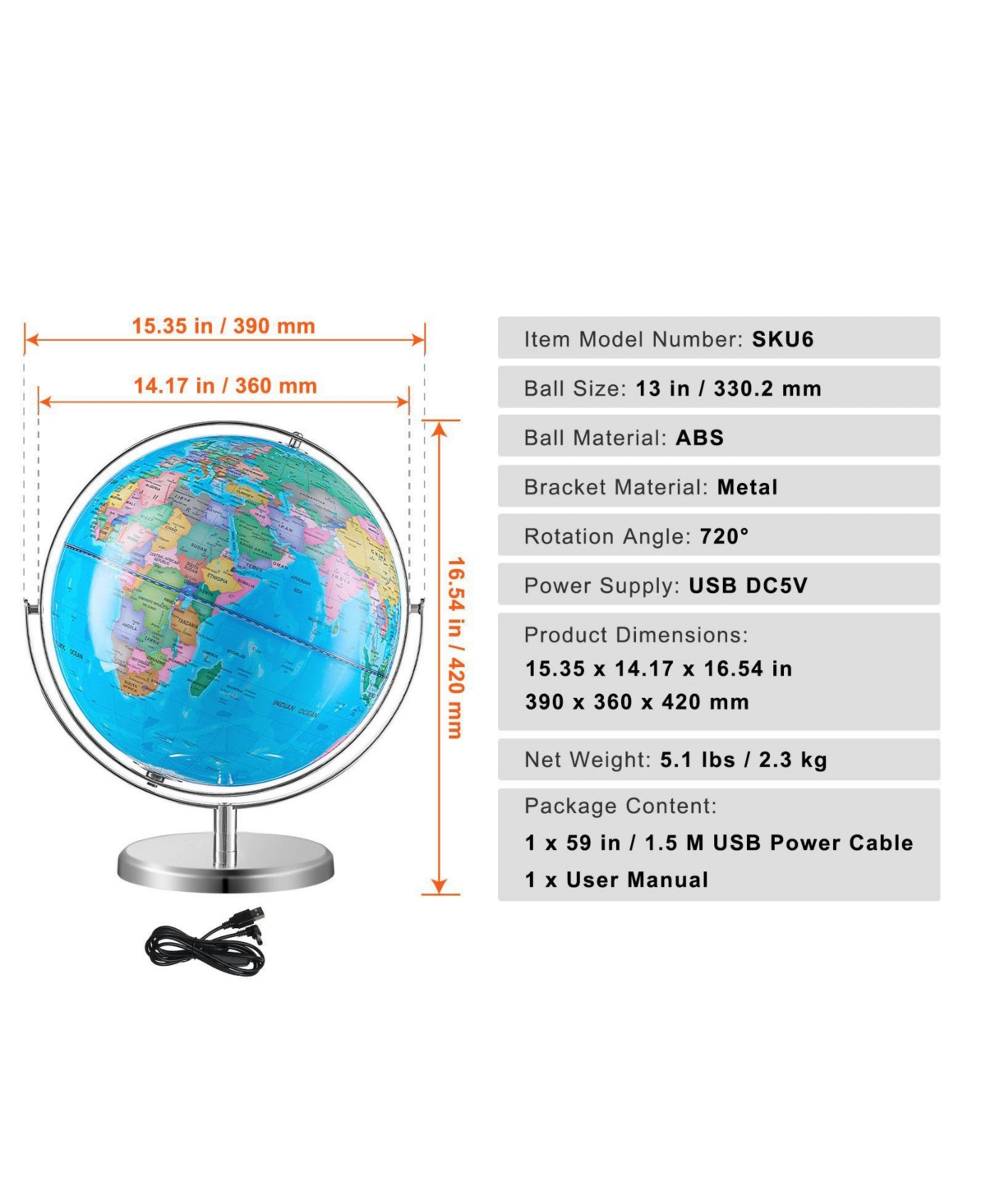 Sugift Illuminated World Globe 13" Educational Led Constellation Globe Metal Base