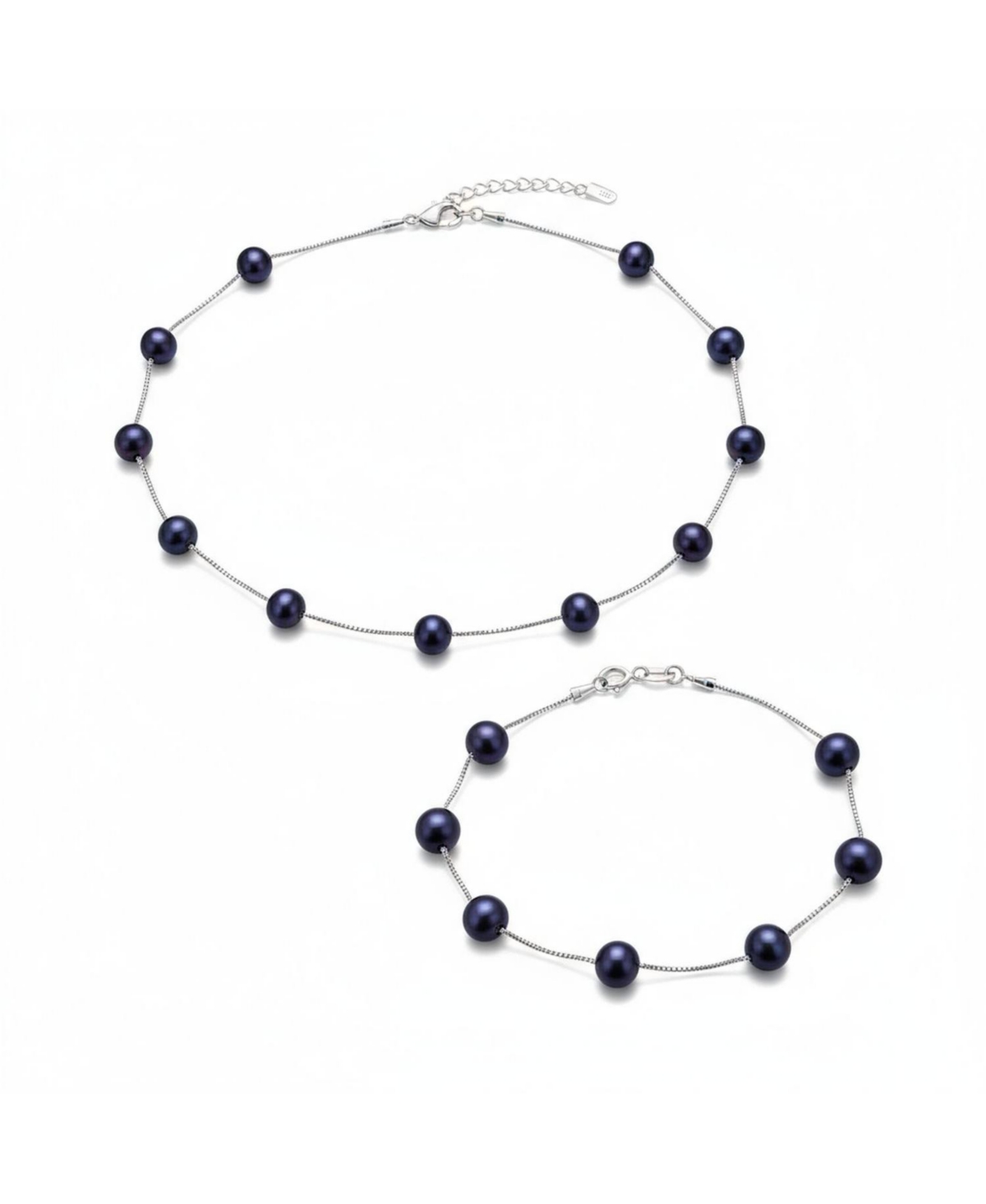 Bling Jewelry Tin Cup Freshwater Cultured Pearl Necklace & Bracelet Set Sterling Silver 7MM