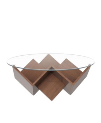 Round Coffee Table with Glass Top & Art Deco Base, Walnut, 35.4