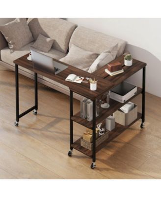 360° Rotation Mobile Laptop Table with 2-Tier Storage Shelves & 6 Universal Wheels