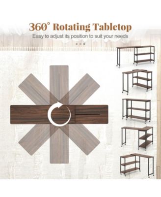 360° Rotation Mobile Laptop Table with 2-Tier Storage Shelves & 6 Universal Wheels
