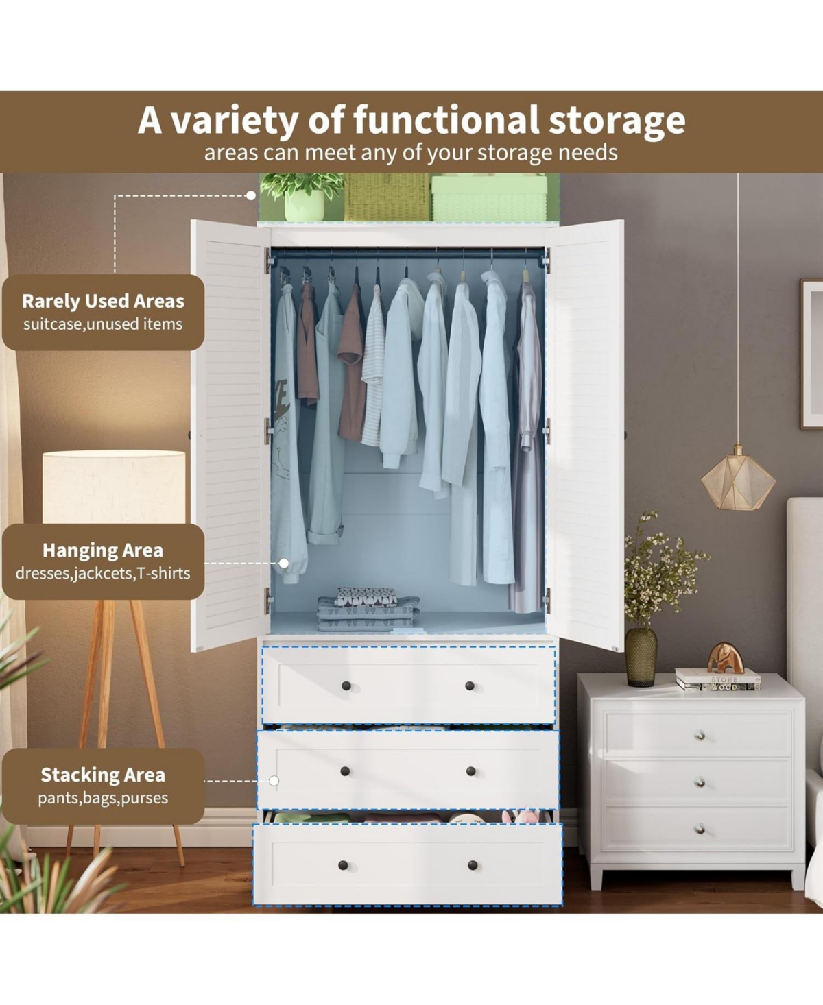 gaomon Modern Armoire Wardrobe Closet with 3 Drawers & 2 Doors, Tall Standing Wooden Cabinet for Hanging Clothes, Heavy Duty Storage