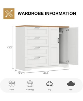 43.3" Armoire Wardrobe Closet with 4 Drawers and 2 Doors, Wooden Dresser with Hanging Rod, Multifunctional Storage Cabinet for Bedroom
