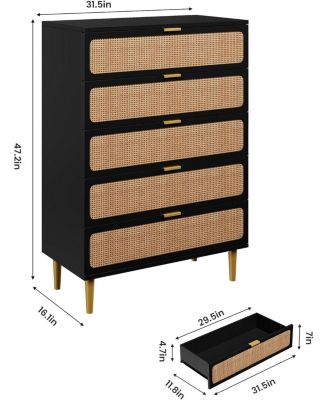 Rattan 5-Drawer Tall Dresser, Large Storage Chest with Deep Drawers and Wide Top for Bedroom, Closet or Hallway