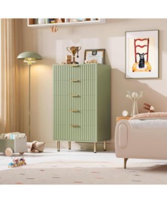 Fluted 5 Drawer Storage Dresser, Tall Chest with Deep Drawers and Wide Top, Wooden Organizer for Living Room or Kids Room