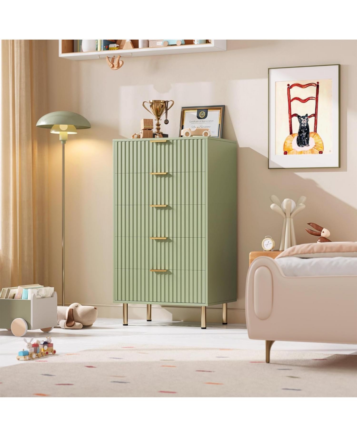 gaomon Fluted 5 Drawer Storage Dresser, Tall Chest with Deep Drawers and Wide Top, Wooden Organizer for Living Room or Kids Room