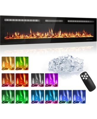 60" Recessed/Wall Mounted Electric Fireplace, WiFi Remote, Multicolor Flame, 750/1500W, Log & Crystal Decor