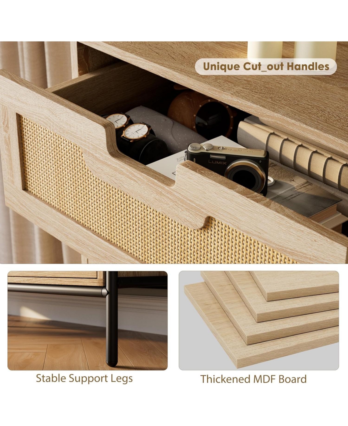 Gaomon 5-Drawer Rattan & Wood Farmhouse Cabinet with Metal Legs – Modern Dresser