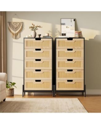 5-Drawer Rattan & Wood Farmhouse Cabinet with Metal Legs – Modern Dresser
