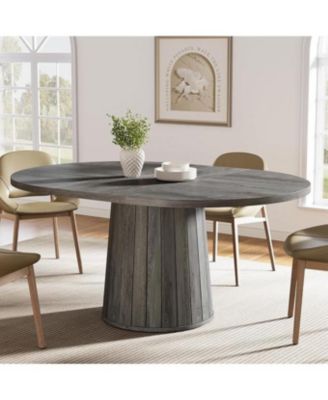 Oval Dining Table for 6 People, 55.11-Inch Farmhouse Kitchen Dinner Table with Cylindrical Pedestal (Grey)