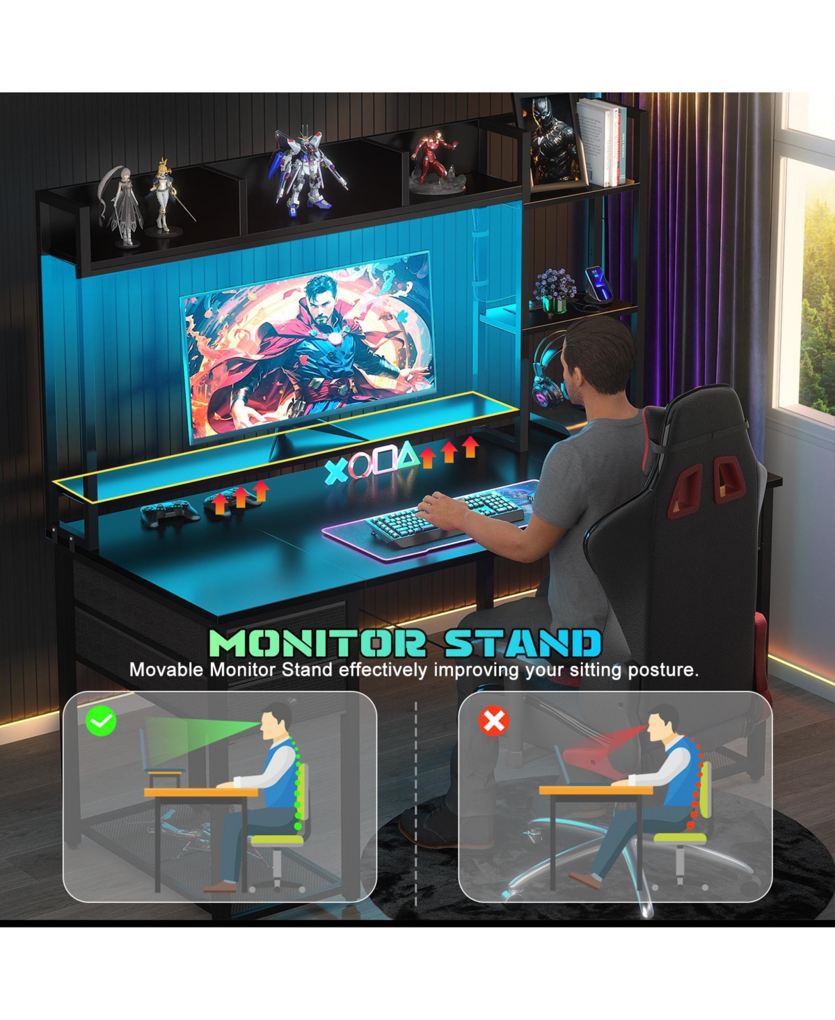 Aheaplus 47-55 inch Computer Desk with 3 Drawers and Storage Shelves