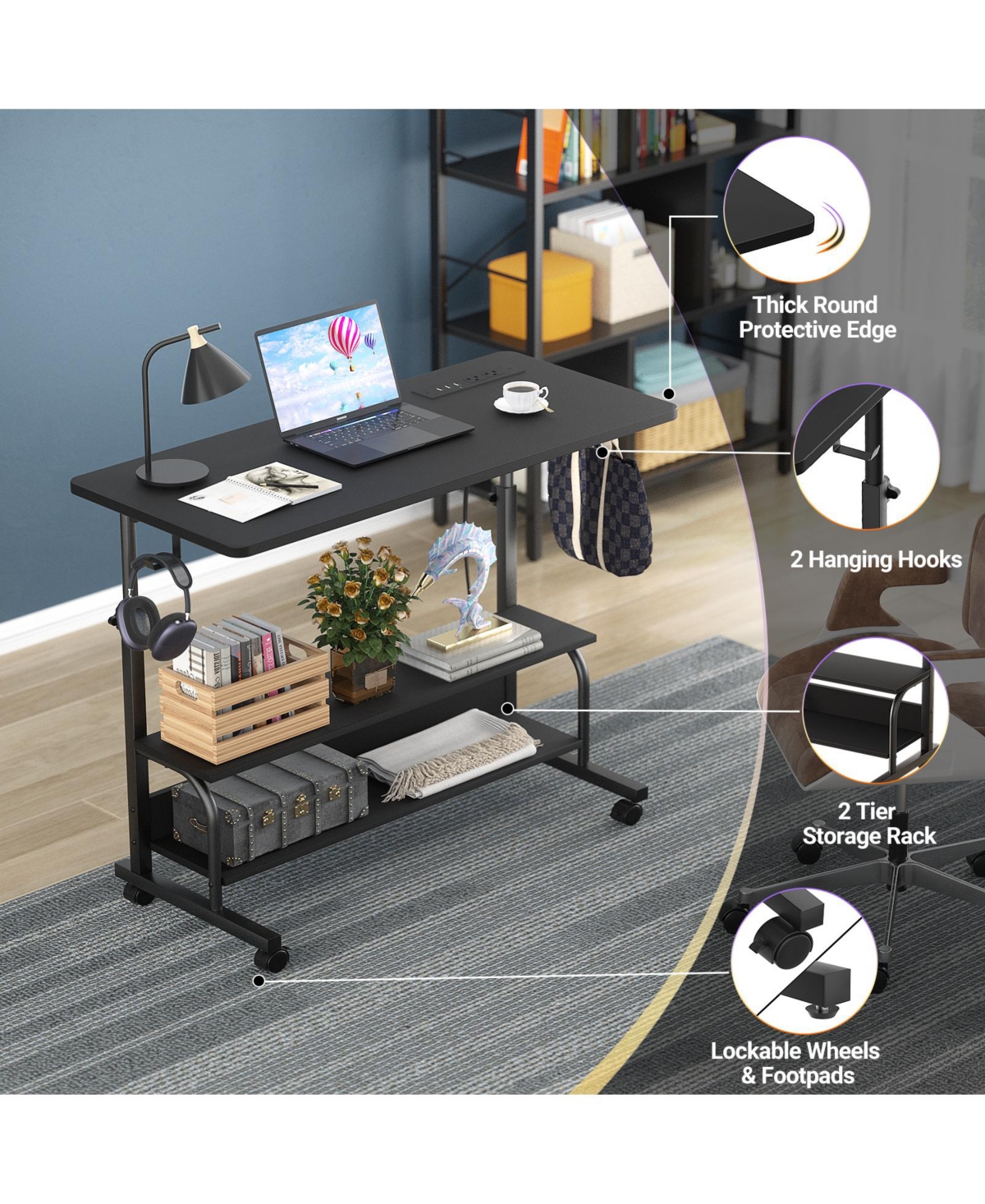 Aheaplus Small Height Adjustable Standing Desk with Power Outlets and Shelves, Max Height 41 Inches