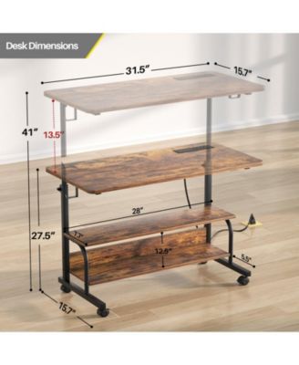 Small Height Adjustable Standing Desk with Power Outlets and Shelves, Max Height 41 Inches