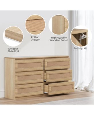 Rattan 6-Drawer Bedroom Dresser, Wide Wood Chest with Smooth Slide Rails and Anti-Tip Kit