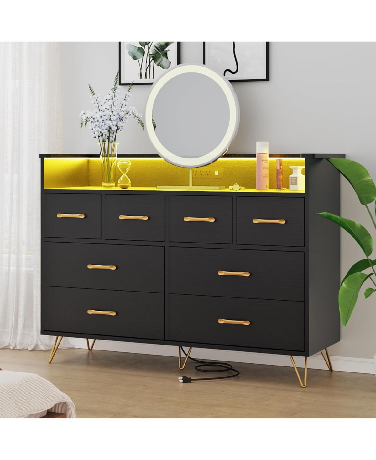 gaomon 8-Drawer Dresser Tv Stand, Led Lighting & Charging Station, Wide Entertainment Center with Open Storage for Bedroom Living Room