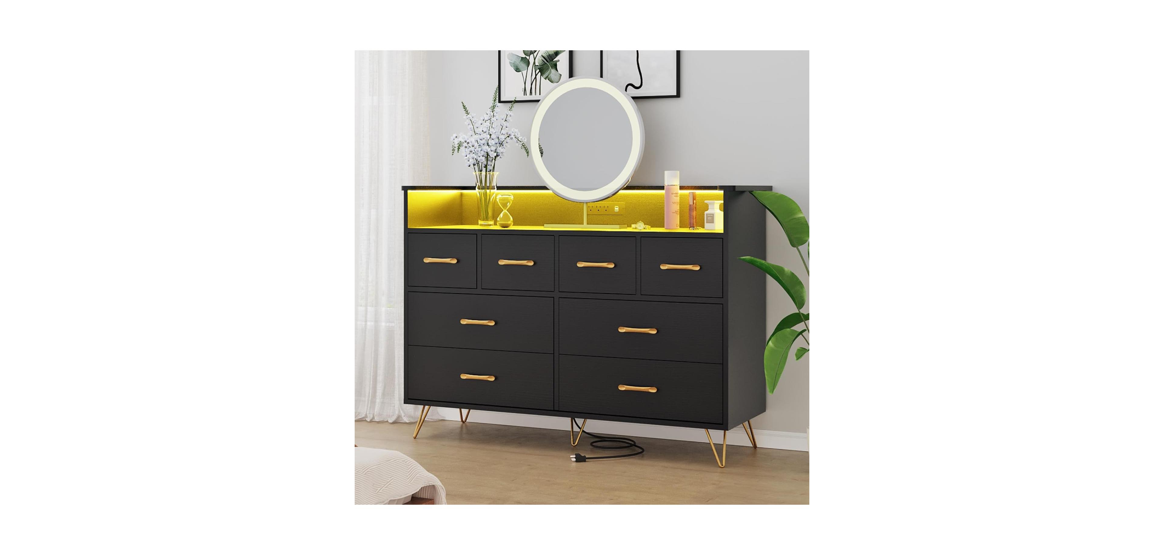 gaomon 8-Drawer Dresser Tv Stand, Led Lighting & Charging Station, Wide Entertainment Center with Open Storage for Bedroom Living Room