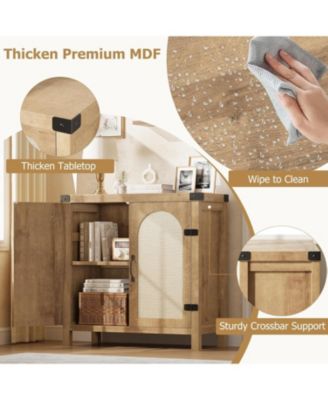 Rattan Sideboard Buffet Cabinet with Drawer, Farmhouse Kitchen Accent Storage, Boho Wooden Coffee Bar Console