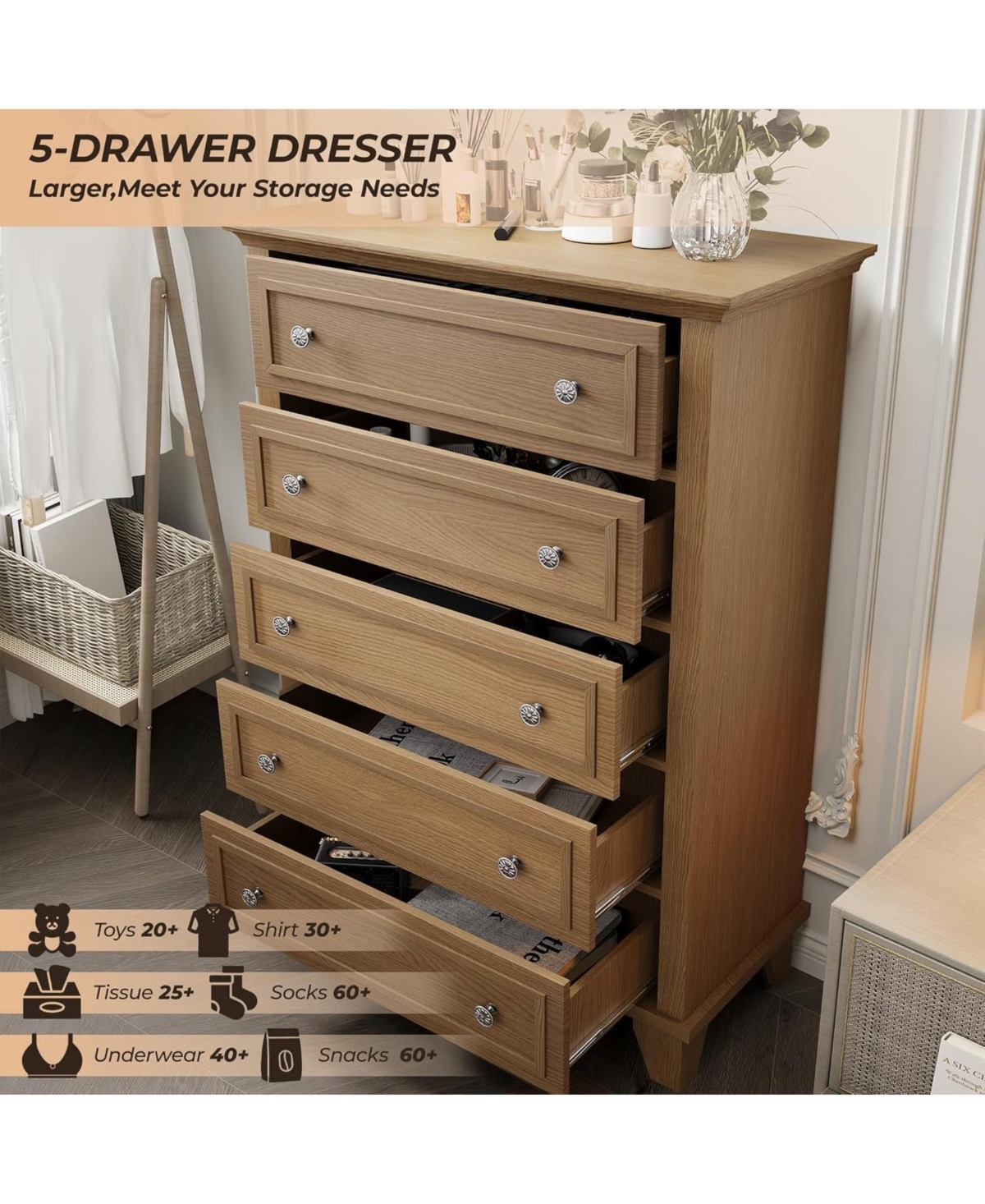 gaomon 5-Drawer 48" Wood Chest with Deep Drawers, Modern Storage Organizer Tall Bedroom Dresser