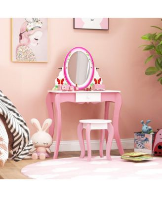 Kids Vanity Table Stool Set Pretend Play Makeup Desk with Whiteboard Markers