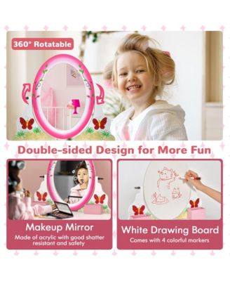 Kids Vanity Table Stool Set Pretend Play Makeup Desk with Whiteboard Markers
