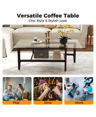 2-Tier Glass Coffee Table w/ Storage Shelf Solid Rubber Wood Legs for Office