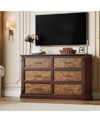 Rustic Farmhouse 6-Drawer Dresser, Large Wood Chest with Metal Handles, Double Dresser and TV Stand for Bedroom or Nursery, Brown