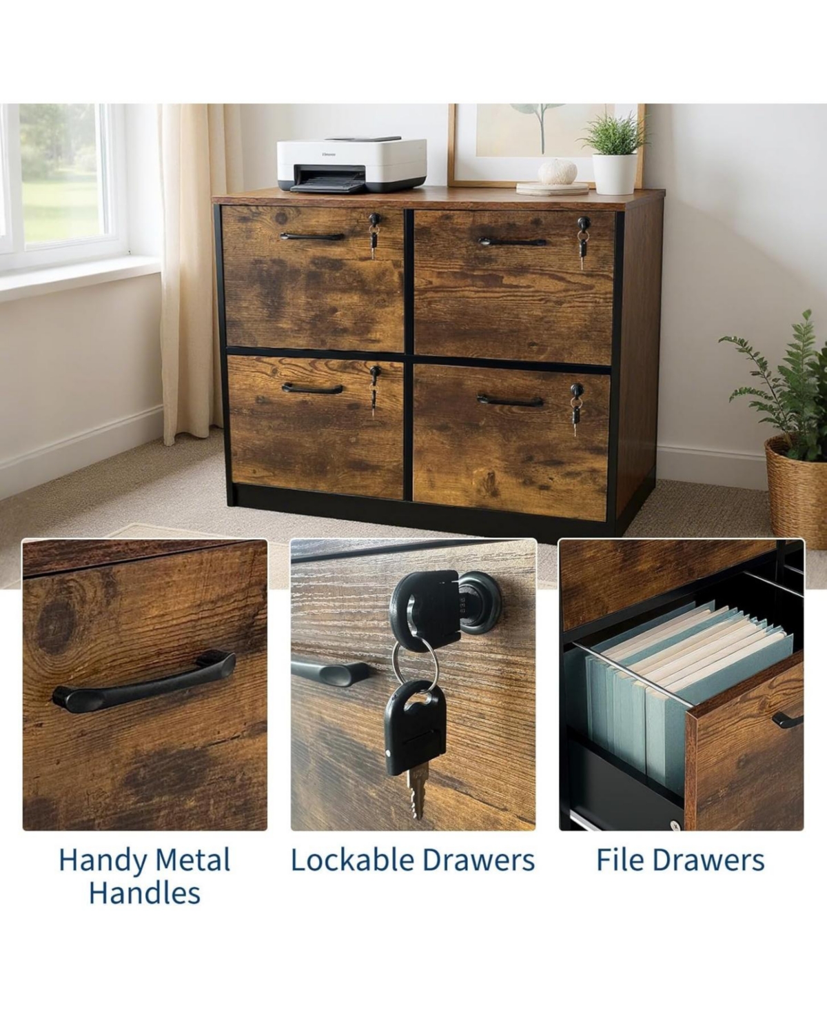 Gaomon 4 Drawer File Cabinet with Lock, Wooden Locked File Cabinets Printer Stand for Home Office, Lockable Filing Cabinet