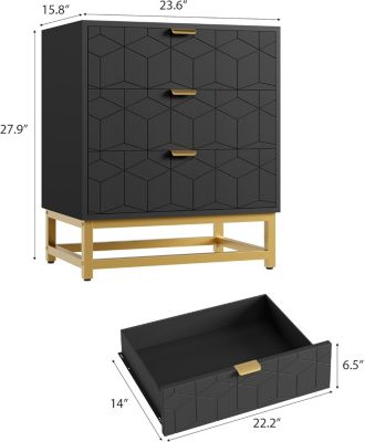 3-Drawer Wood Dresser with Gold Metal Legs & Handles
