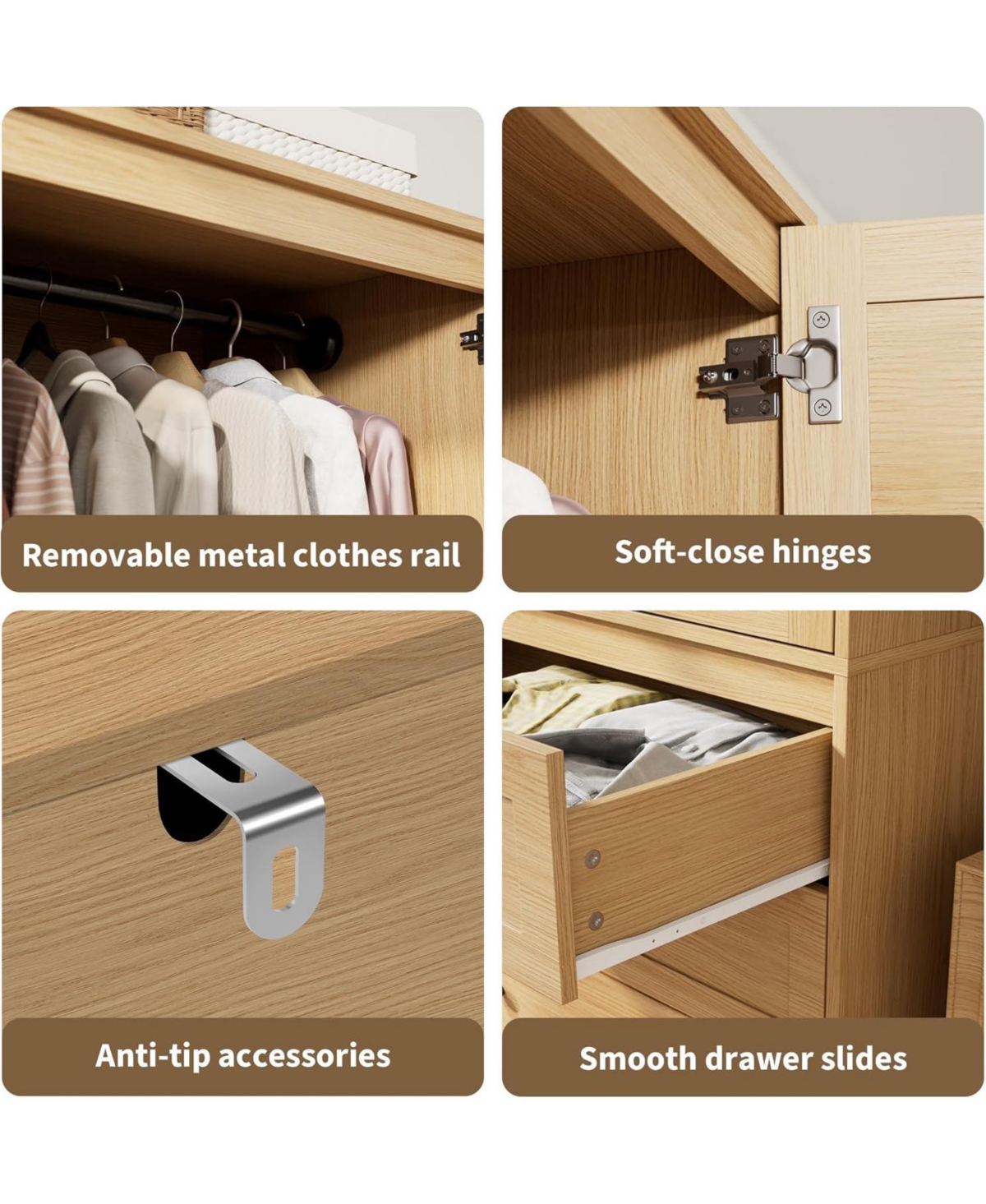 gaomon Modern Armoire Wardrobe Closet with 3 Drawers & 2 Doors, Tall Standing Wooden Cabinet for Hanging Clothes, Heavy Duty Storage