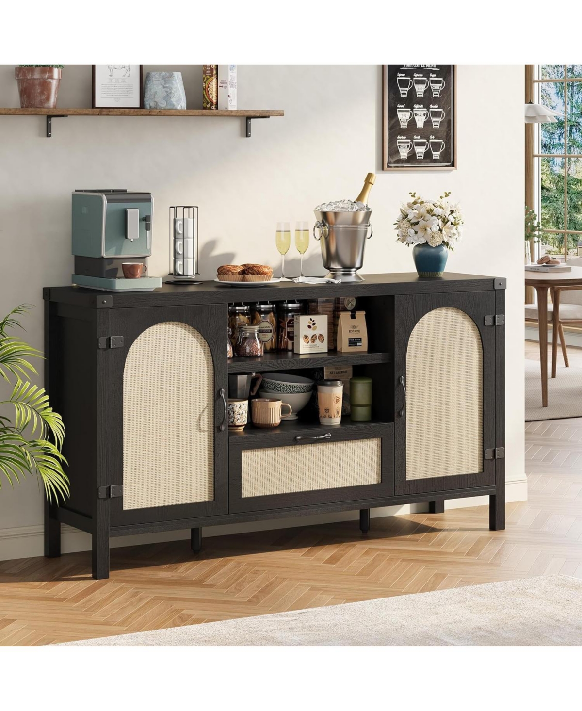 Gaomon 47.2" Rattan Buffet Cabinet with Storage, Boho Farmhouse Sideboard with Adjustable Shelves, Drawer, Doors, Kitchen Coffee Bar Cabinet