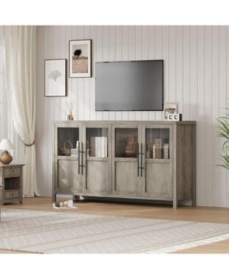 55" Sideboard Buffet Cabinet with 4 Glass Doors, Display Coffee Bar & Wine Storage, Modern Farmhouse Credenza for Dining Room, Kitchen, Living Room