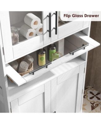67" Tall Bathroom Storage Cabinet with Glass Doors, Adjustable Shelf & Drawer, Freestanding Pantry Cupboard for Small Spaces