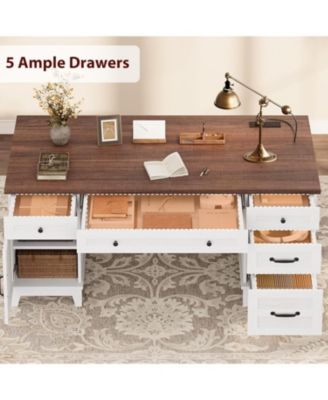 60" Farmhouse Executive Desk with File Drawers, Charging Station, Cabinet Storage, Home Office Computer Writing Desk