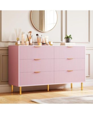 Pink 6 Drawer Dresser, Modern Wood Double Chest of Drawers with Gold Handles, Large Storage Organizer for Bedroom, Living Room