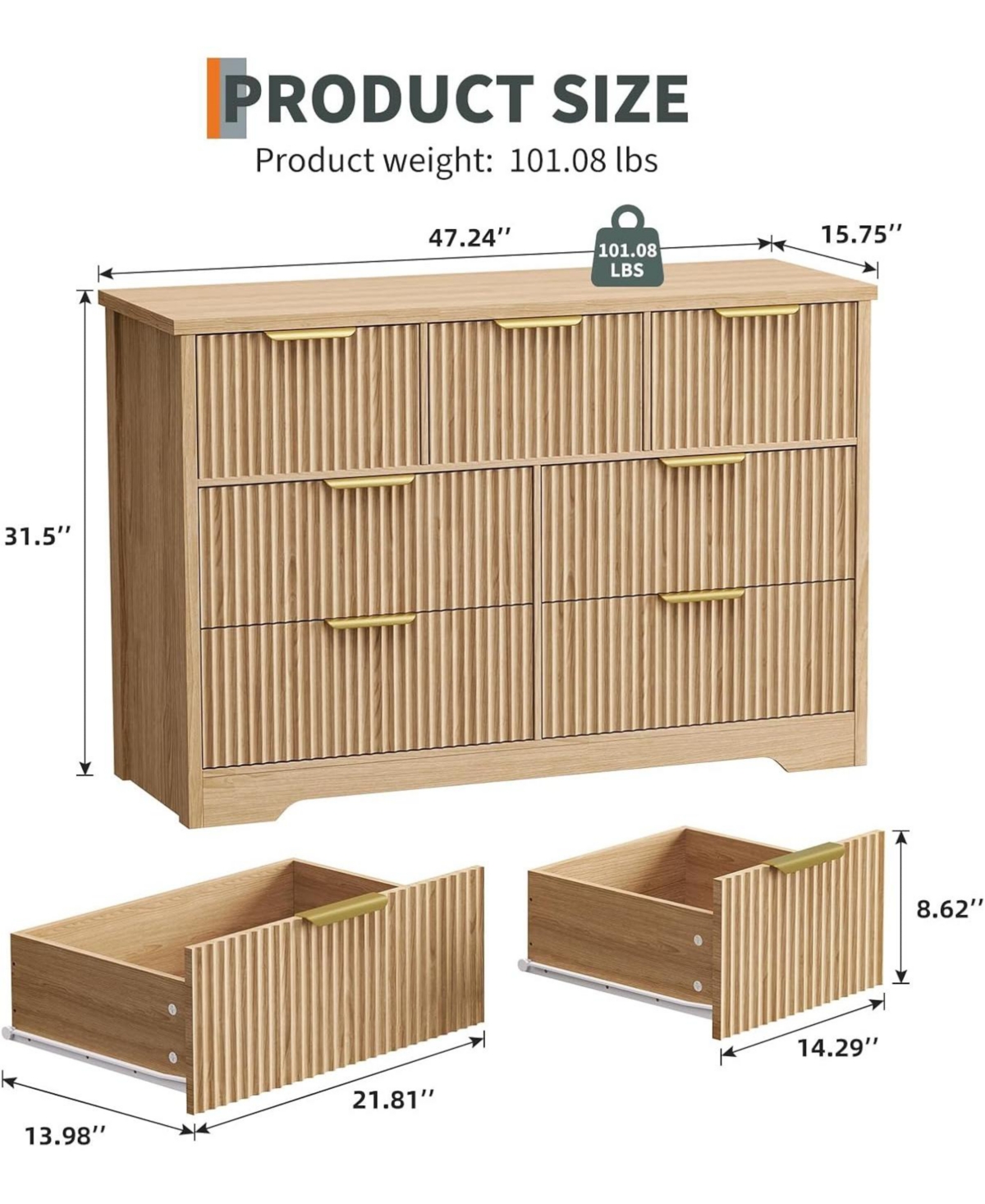 Gaomon Fluted Dresser for Bedroom with 7 Drawers, 47.24" Wide Modern Chest Drawers