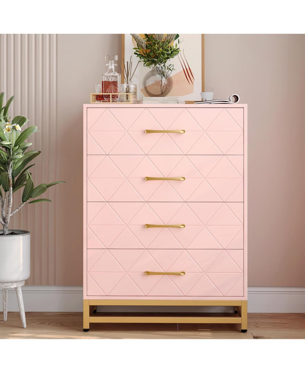 gaomon 4-Drawer Engineered Wood Soft-Close Glides, Anti-Tip Kit, Space-Saving Design Tall Dresser - Pink