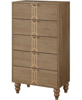 5-Drawer Wooden Oak & Gold Modern Tall Dresser with Deep Storage