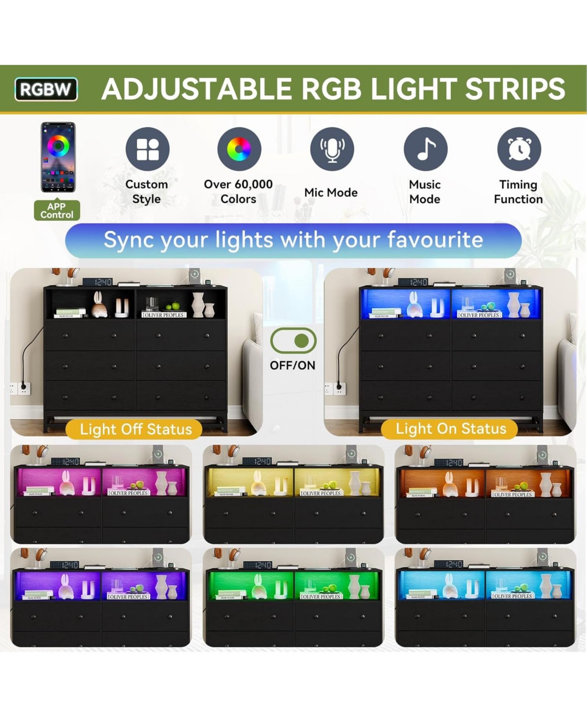 gaomon Large-Capacity 6-Drawer Wood Storage Cabinet with Led Lights, Modern Dresser