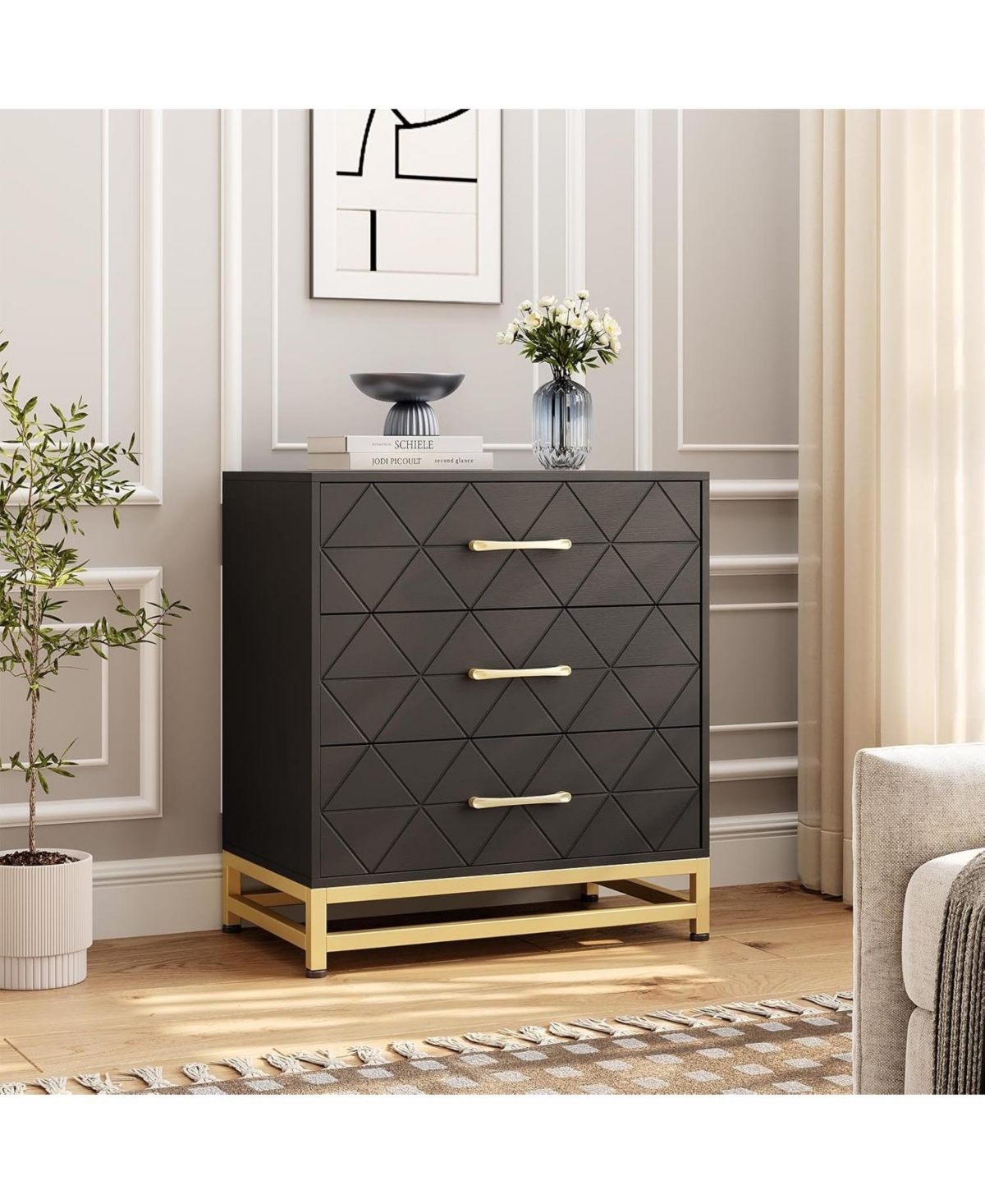 Dresser for Bedroom with 3 Drawer, Modern Dressers Chest of Drawers, Wide Drawers and Metal Handles, Wood
