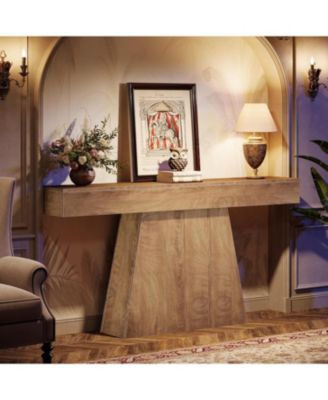 63" Console Table, Farmhouse Entryway Table with Trapezoidal Base, Narrow Long Wood Sofa Table