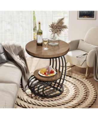 Round End Side Table Set of 2: Side Table with 2 Tiers Storage Shelves, Vintage End Table