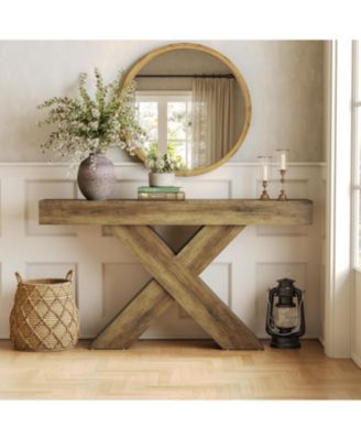 Console Table, 55-Inch Entryway Table with X-Shaped Design, Narrow Sofa Table, Rustic Brown