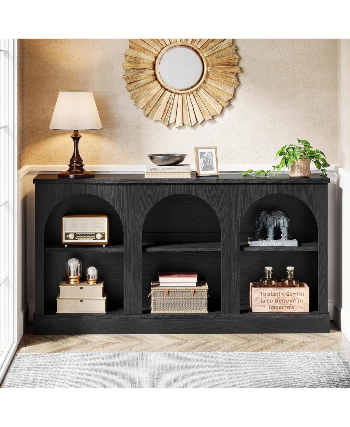 Tribesigns Farmhouse Console Table, 63-Inch Long Entryway Table with 3 Tier Storage, Wooden Rectangular Sofa Behind The Couch