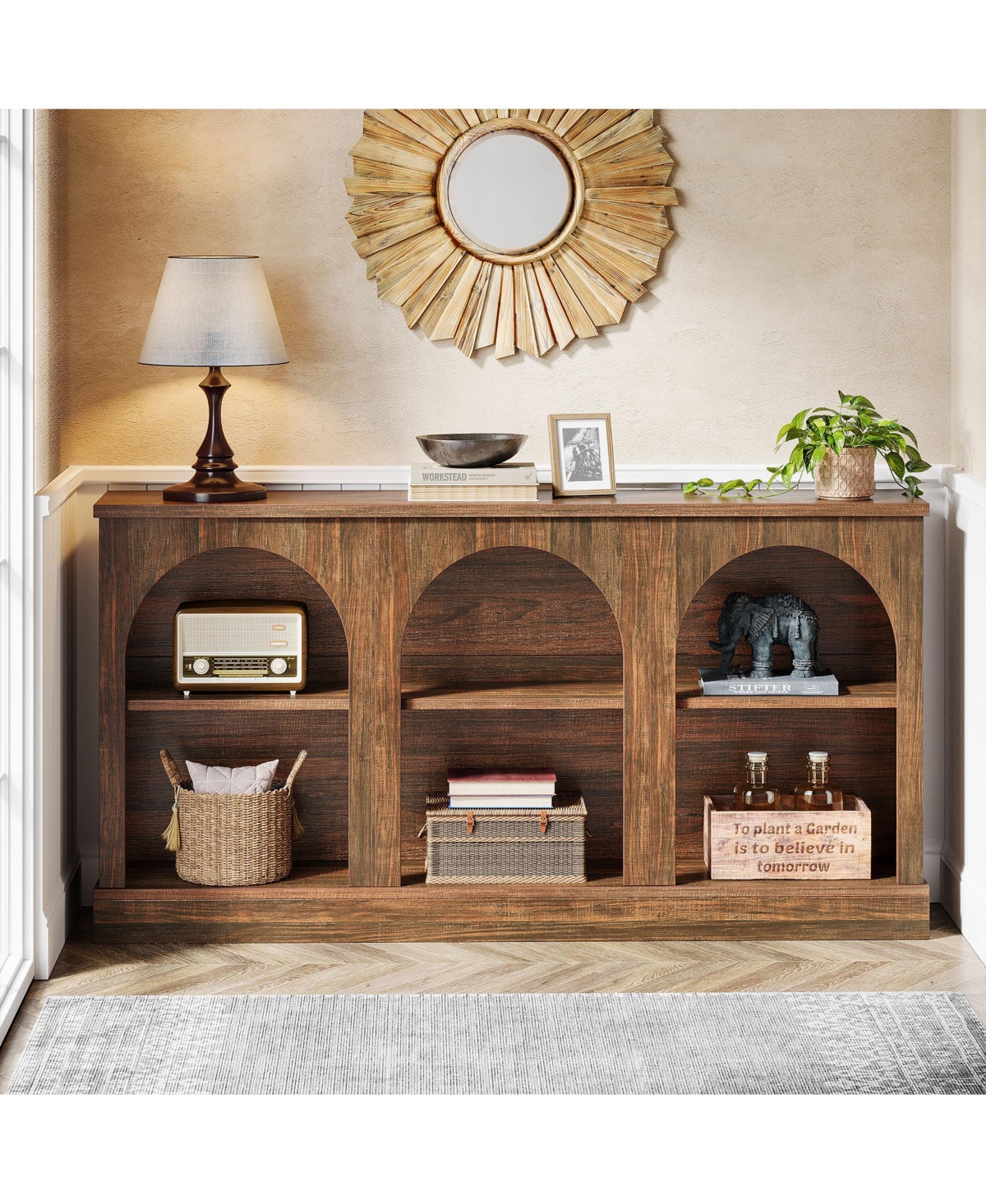 Tribesigns Farmhouse Console Table, 63-Inch Long Entryway Table with 3 Tier Storage, Wooden Rectangular Sofa Behind The Couch