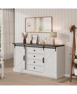 59" Farmhouse 4-Drawer Barn Door Dresser, Wide Wood Storage Chest and TV Stand for Bedroom or Entryway