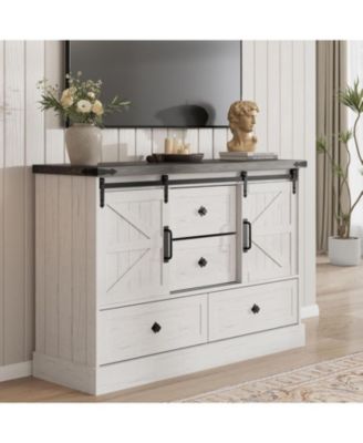 45" Farmhouse Barn Door 4-Drawer Dresser, Compact TV Stand and Storage Chest for Bedroom or Hallway