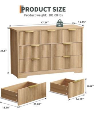 7-Drawer Fluted Bedroom Dresser, Long Wood Storage Cabinet with Metal Handles, Modern TV Stand and Wicker Drawer Chest, Natural Oak